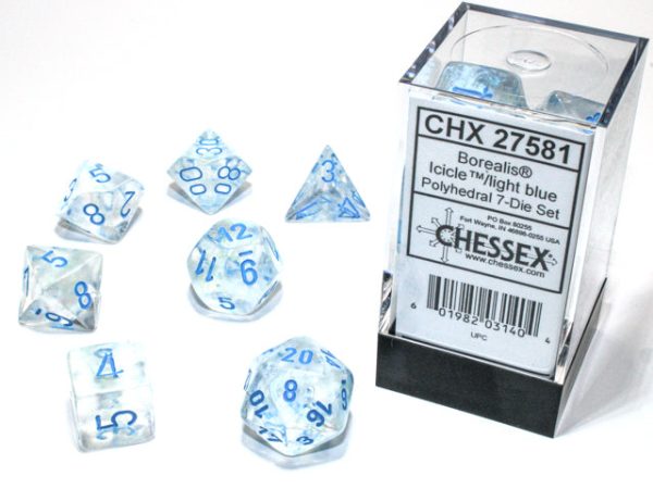 Chessex 7 Die Set - Borealis Icicle light blue, Polyhedral 7-Die Set Cheap