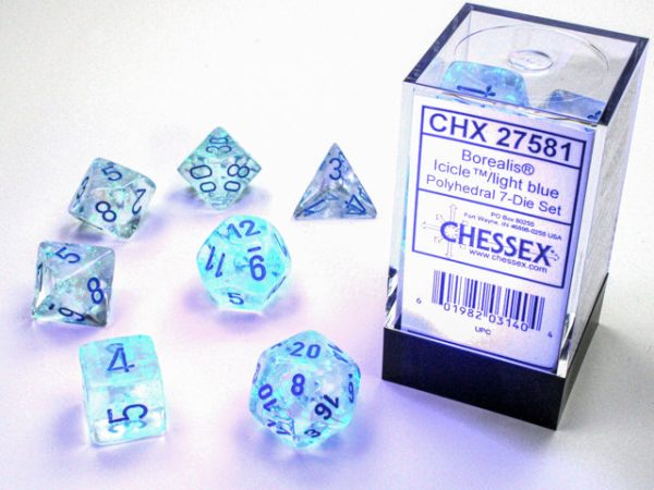 Chessex 7 Die Set - Borealis Icicle light blue, Polyhedral 7-Die Set Cheap